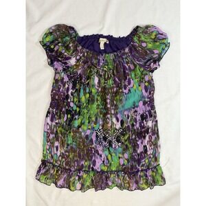 Speechless Womens Multicolor Abstract Print Lined Shirred Neck Tied Blouse Large